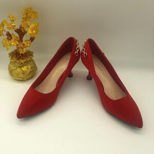 Eastanna Red Suede Low Kitten Heels Pointed Toe Pumps